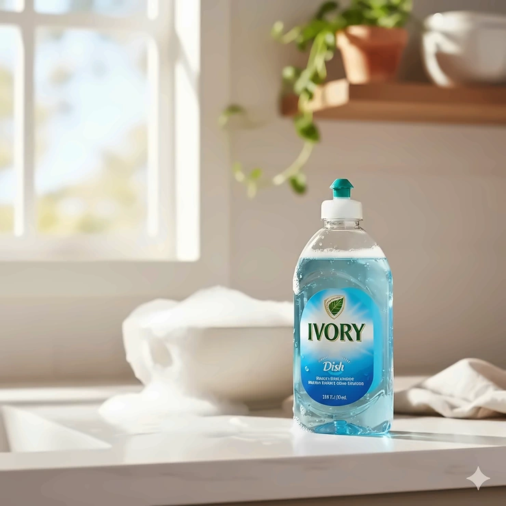 A bottle of Ivory dish soap with suds on a clean white kitchen counter.