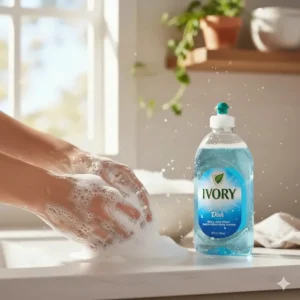 A person washing dishes with Ivory dish soap showing gentle care for sensitive skin.