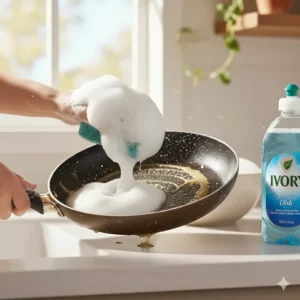 Illustration showing Ivory dish soap effectively cutting through grease on a frying pan.