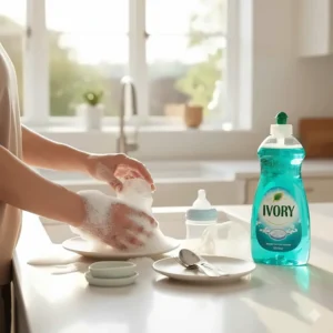 An illustration of baby bottles and family dinnerware cleaned with Ivory dish soap.