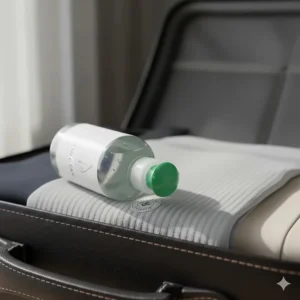 Close-up illustration of a secure, flip-top cap on a travel size dish soap bottle to prevent leaks in luggage.