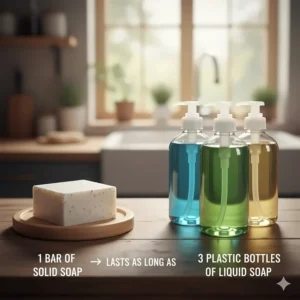 High-quality image of a dense, long-lasting solid dish soap bar producing rich white suds under running water.