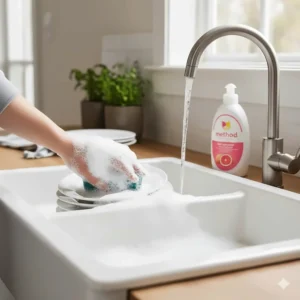 A shot of Method dish soap being used in a sink, demonstrating its sudsing and grease-cutting power during a cleaning test.