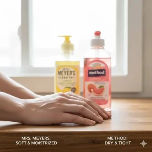 A person's hands after using both Mrs. Meyer's and Method, illustrating the difference in how the formulas feel on skin (e.g., moisturized vs. dry).