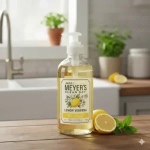 The iconic vintage-inspired bottle design of Mrs. Meyer's dish soap, highlighting the label and a distinct scent like Lemon Verbena.