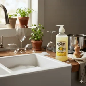 A detailed, close-up shot of Mrs. Meyer's Clean Day dish soap bottle in the reviewer's favorite scent, used during the dishwashing process for this thorough review.