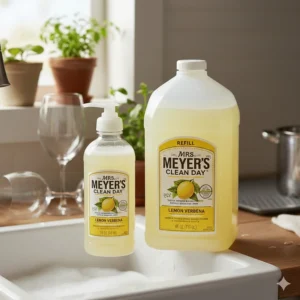 Image comparing the standard 16 oz bottle and the large refill size of Mrs. Meyer's dish soap to demonstrate the best value purchase.