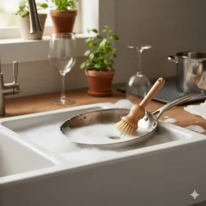 A sink full of strong, long-lasting suds generated from Mrs. Meyer's dish soap during the cleaning power test on greasy pans.