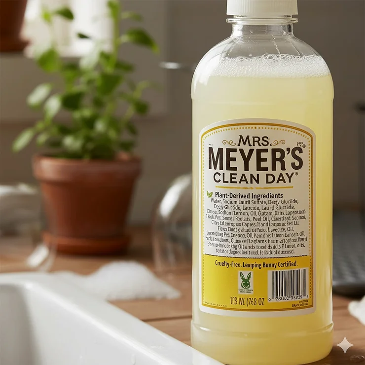 Close-up of the label listing the plant-derived ingredients and essential oils used in Mrs. Meyer's liquid dish soap formula. mrs meyers dish soap review