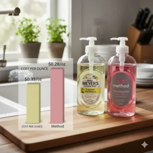 A simple bar chart or graph illustrating the cost-per-ounce difference when comparing Mrs. Meyer's vs. Method dish soap pricing.