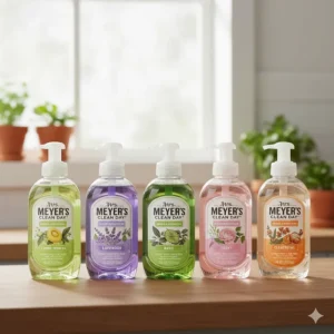 A collection of different colored Mrs. Meyer's Clean Day dish soap bottles (Lemon Verbena, Lavender, Basil) to illustrate the available scent options.