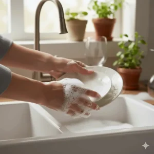 Image showing hands washing dishes, emphasizing that Mrs. Meyer's dish soap is gentle and non-drying on sensitive skin.