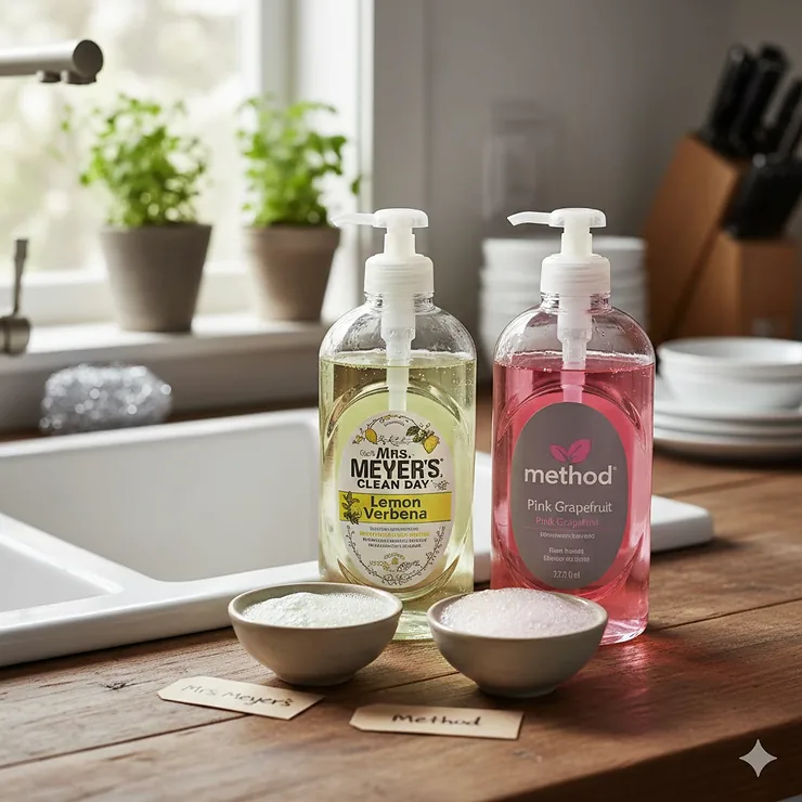 A side-by-side comparison of Mrs. Meyer's Clean Day dish soap and Method dish soap, focusing on bottle design and scent names for a head-to-head review. mrs meyers vs method dish soap