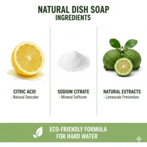 Ingredients like citric acid used in eco-friendly dish soap for hard water to break down mineral deposits.