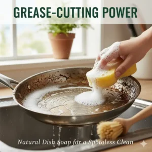 Natural dish soap effectively cutting through tough, baked-on grease and food residue on a dirty stainless steel frying pan.