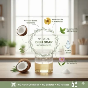 An infographic highlighting the natural dish soap ingredients, including biodegradable, plant-derived surfactants and avoiding harsh chemicals like sulfates.