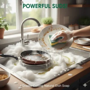 Plenty of rich, gentle suds from the best natural dish soap cutting through grease on a stack of dishes in a stainless steel sink.