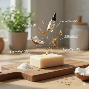 Detailed shot of a textured, organic solid dish soap block featuring botanical flecks and natural ingredients.