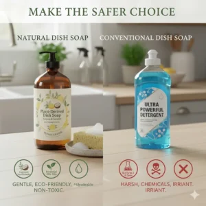 A side-by-side comparison illustrating the difference between chemical-based and the best natural dish soap options for home cleaning.