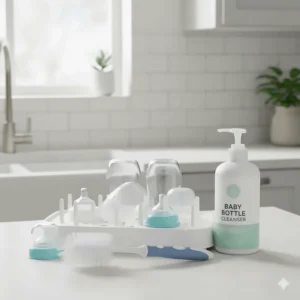 A complete baby bottle cleaning setup, including a drying rack, bottle brush, and a bottle of the recommended dish soap formulated specifically for newborns and infants.