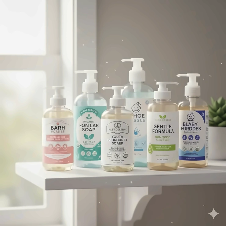 A collection of highly-rated, non-toxic baby bottle soaps on a shelf, highlighting their plant-derived and gentle formulas for parents seeking safe cleaning options. best dish soap for baby bottles