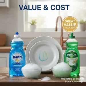 A graphic showing a Palmolive bottle next to a "Great Value" or "Bulk Buy" tag, suggesting it may be the more affordable Palmolive dish soap option for large households.