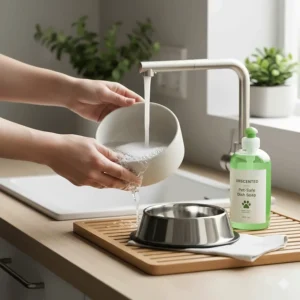 Illustration of a pet owner cleaning dog and cat bowls with non-toxic unscented dishwasher soap.