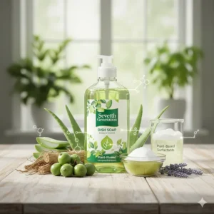 Illustration showing the plant-based ingredients used in Seventh Generation dish soap formulas.