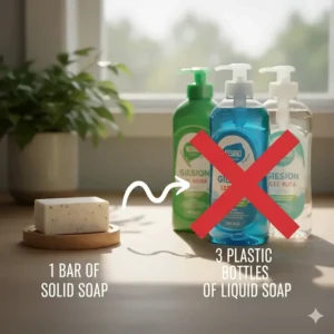 Aesthetic kitchen scene showcasing solid dish soap as a sustainable, plastic-free alternative for eco-friendly cleaning.