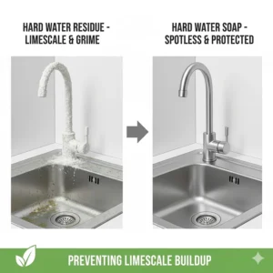 A clean stainless steel kitchen sink free of limescale buildup thanks to effective hard water dish soap.