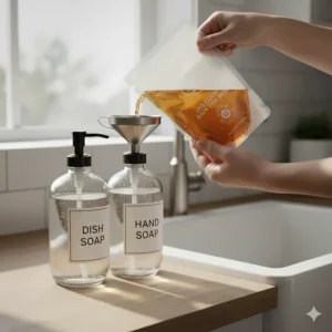 A person refilling a glass soap dispenser set using a funnel to show ease of use.