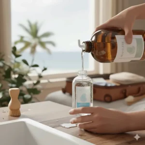 A large dish soap container refilling a small, reusable travel size bottle.
