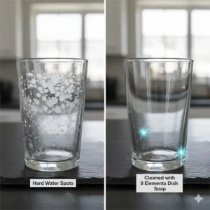 A side-by-side comparison of a cloudy glass versus a clear glass cleaned with 9 Elements dish soap.