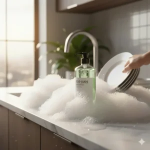 A kitchen sink filled with thick, long-lasting bubbles created by a small amount of concentrated soap.