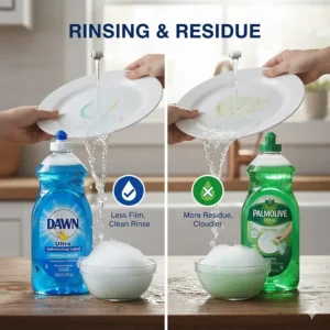 A photo of clean, wet plates under running water with no soap residue, emphasizing which dish soap, Dawn or Palmolive, leaves less film after rinsing.