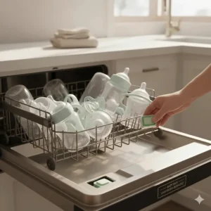 An illustration of baby bottles and pacifiers being cleaned with gentle unscented dishwasher detergent.