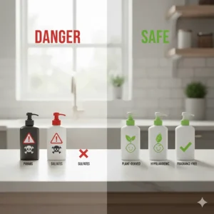A graphic highlighting the *DANGER* icons for harsh chemicals and the *SAFE* icons for natural ingredients to look for in the best dish soap for baby bottles.