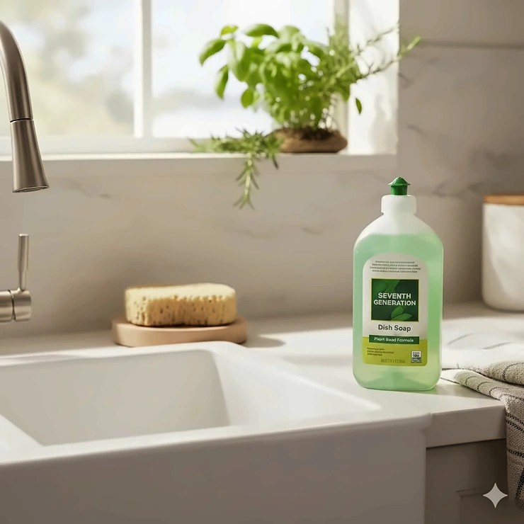 A bottle of Seventh Generation dish soap sitting on a modern kitchen counter next to a clean sink and a sponge.