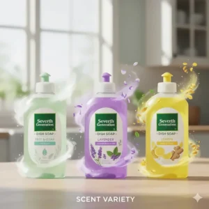 A colorful graphic displaying various Seventh Generation dish soap scents like Free and Clear and Lavender.