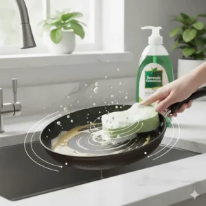 Illustration of Seventh Generation dish soap effectively breaking down grease on a dirty frying pan.