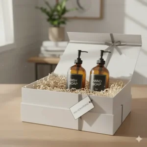 The dish soap and hand soap dispenser set packaged in an elegant gift box for housewarming presents.