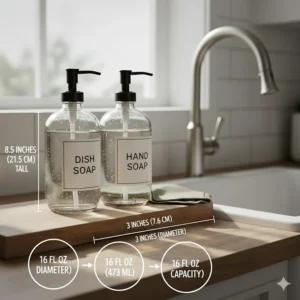 Infographic showing the height and capacity of a 16oz dish soap and hand soap dispenser set.