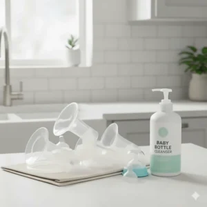 A bottle of baby-safe dish soap next to disassembled breast pump parts, illustrating its effectiveness and safety for cleaning all feeding equipment.