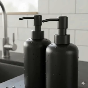 Detail shot of rust-proof stainless steel pumps on a black dish and hand soap dispenser set.