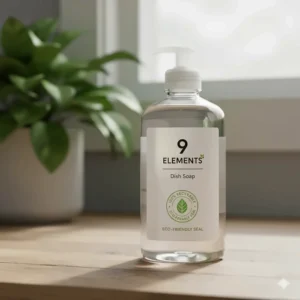 A minimalist drawing of the 100% recyclable 9 Elements dish soap bottle with an eco-friendly seal.