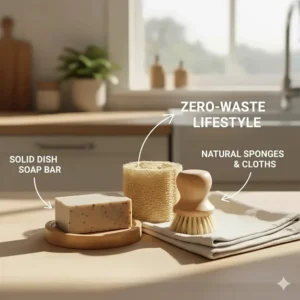 A collection of zero-waste cleaning tools featuring a solid dish soap block, bamboo holder, and wooden brush in 4K detail.