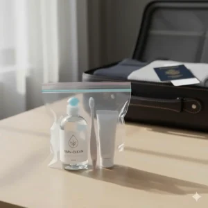 An illustration showing a 3oz travel size dish soap bottle inside a clear TSA-compliant toiletry bag.