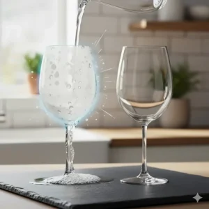 An illustration showing how the vinegar in 9 Elements dish soap dissolves hard water spots on glassware.