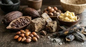 Ingredients used to make real African black soap including cocoa pods, palm oil, and shea butter.