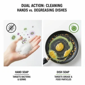 Comparison graphic showing hand soap targeting bacteria and dish soap targeting grease and food particles.